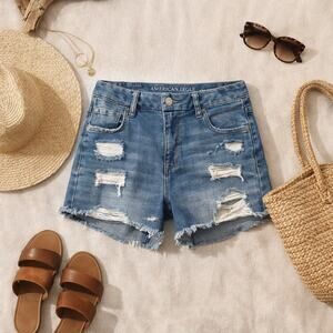 American Eagle Curvy Hi-Rise Shortie Distressed Denim Shorts Stretch Blue 10